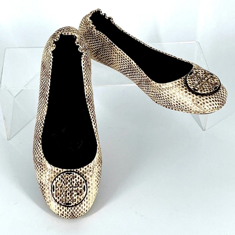 Tory Burch Size 7.5 Minnie Travel Ballet Flats‎ Snake Embossed Leather